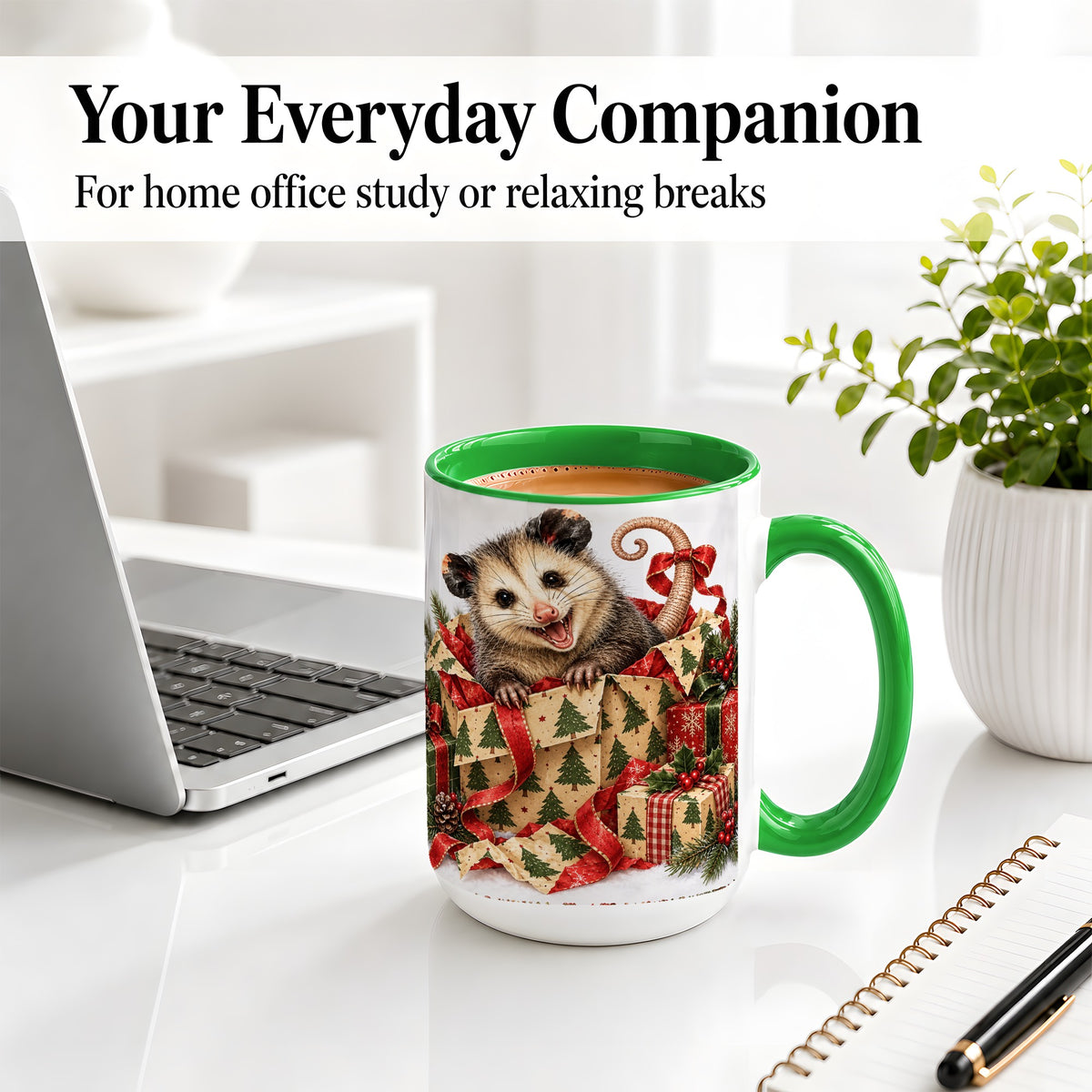 #pl[15oz|Green] Christmas Opossum Ceramic Mug, Festive Gift Box Animal Artwork