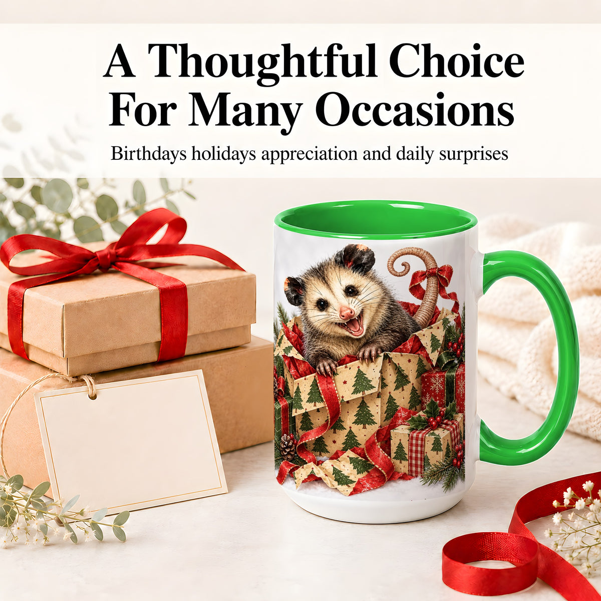 #pl[15oz|Green] Christmas Opossum Ceramic Mug, Festive Gift Box Animal Artwork