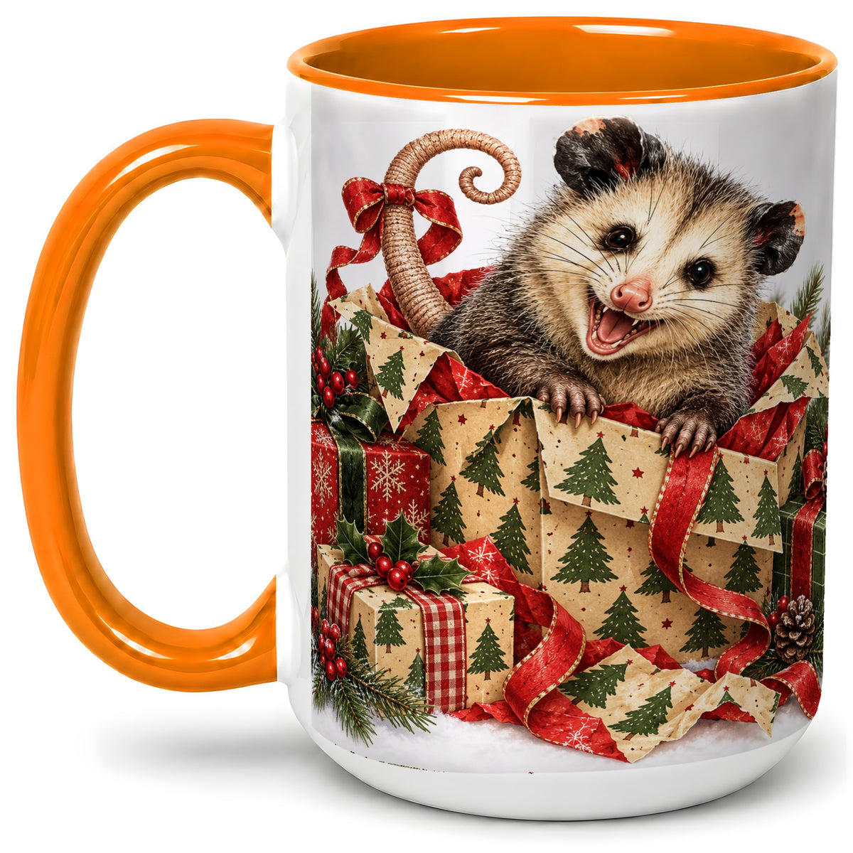 #pl[15oz|Orange] Christmas Opossum Ceramic Mug, Festive Gift Box Animal Artwork