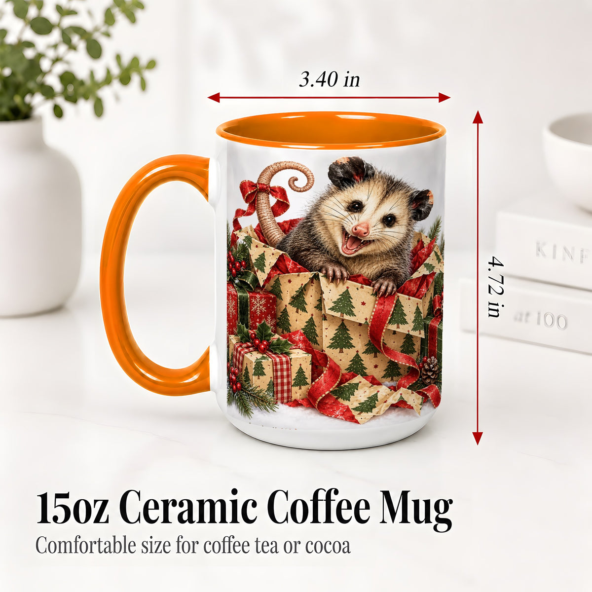 #pl[15oz|Orange] Christmas Opossum Ceramic Mug, Festive Gift Box Animal Artwork