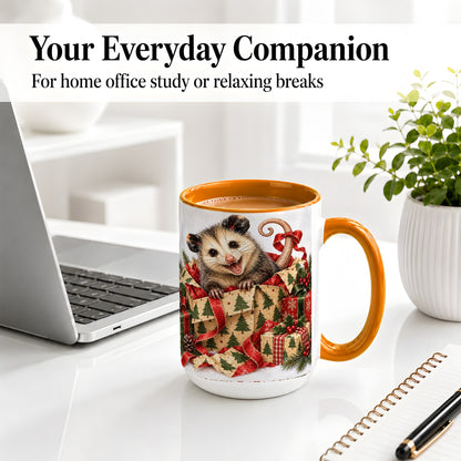 #pl[15oz|Orange] Christmas Opossum Ceramic Mug, Festive Gift Box Animal Artwork