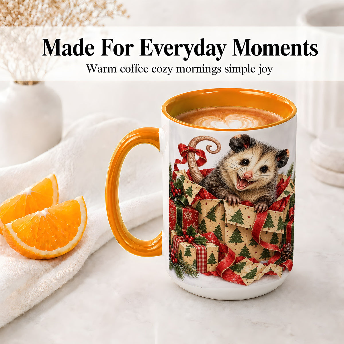 #pl[15oz|Orange] Christmas Opossum Ceramic Mug, Festive Gift Box Animal Artwork
