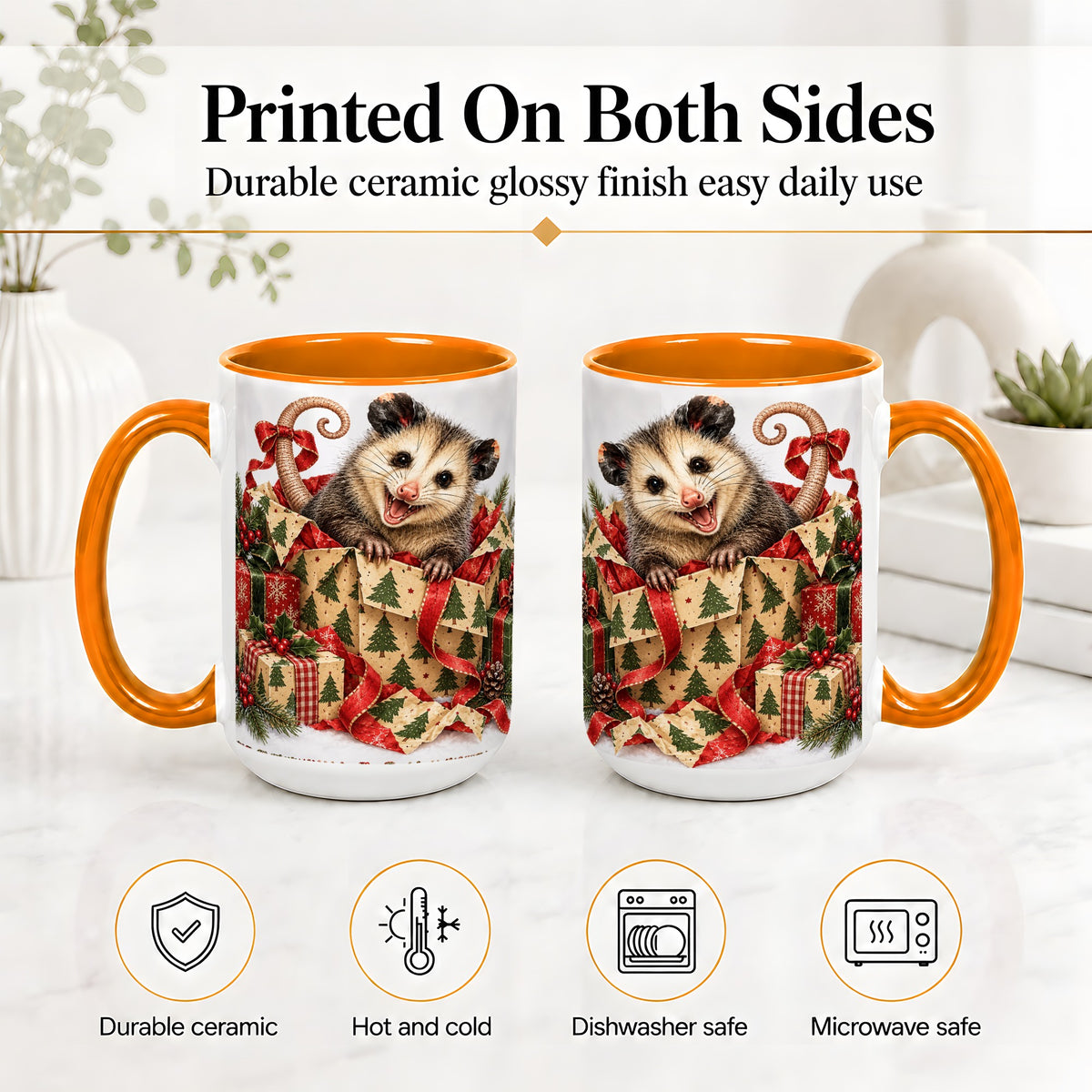 #pl[15oz|Orange] Christmas Opossum Ceramic Mug, Festive Gift Box Animal Artwork