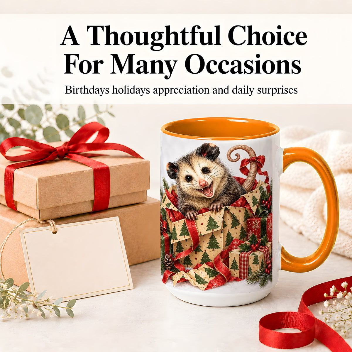#pl[15oz|Orange] Christmas Opossum Ceramic Mug, Festive Gift Box Animal Artwork
