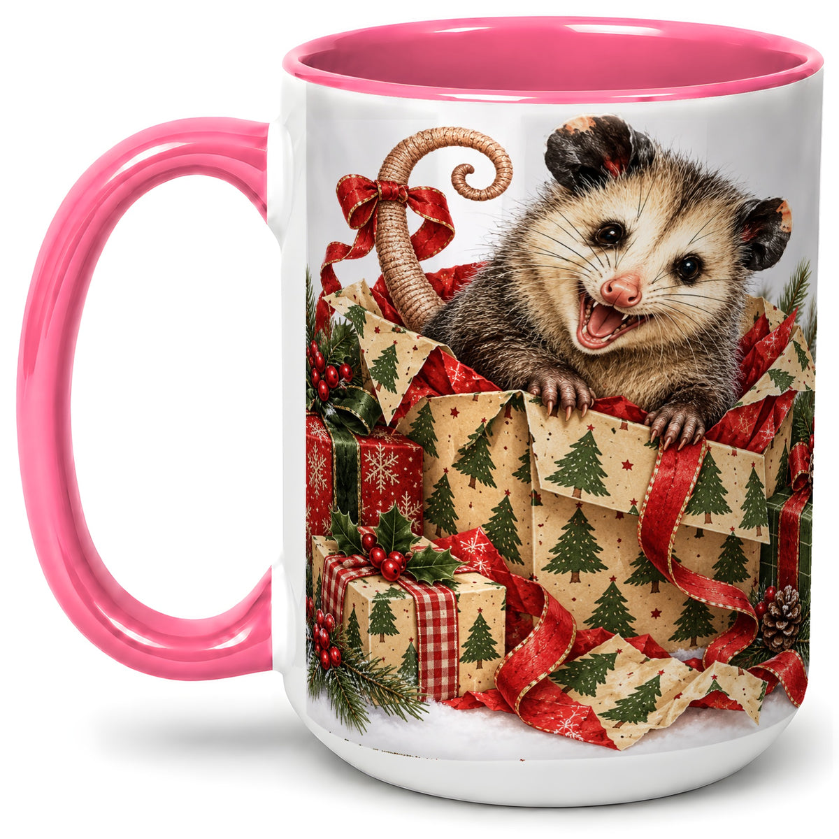 #pl[15oz|Pink] Christmas Opossum Ceramic Mug, Festive Gift Box Animal Artwork