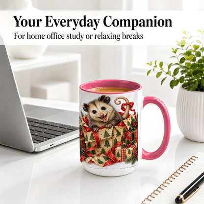 #pl[15oz|Pink] Christmas Opossum Ceramic Mug, Festive Gift Box Animal Artwork
