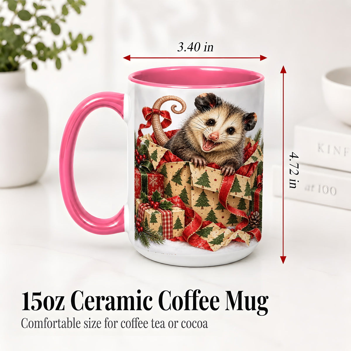 #pl[15oz|Pink] Christmas Opossum Ceramic Mug, Festive Gift Box Animal Artwork
