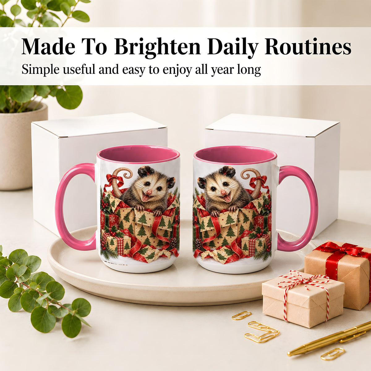 #pl[15oz|Pink] Christmas Opossum Ceramic Mug, Festive Gift Box Animal Artwork