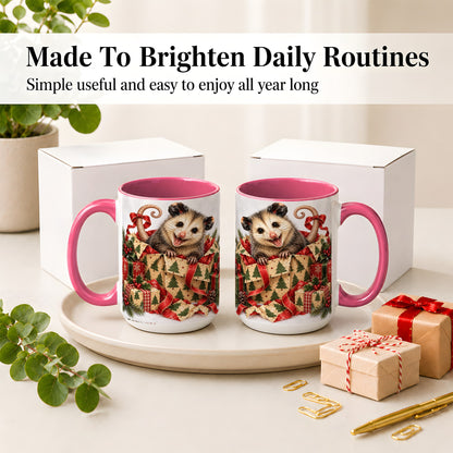 #pl[15oz|Pink] Christmas Opossum Ceramic Mug, Festive Gift Box Animal Artwork