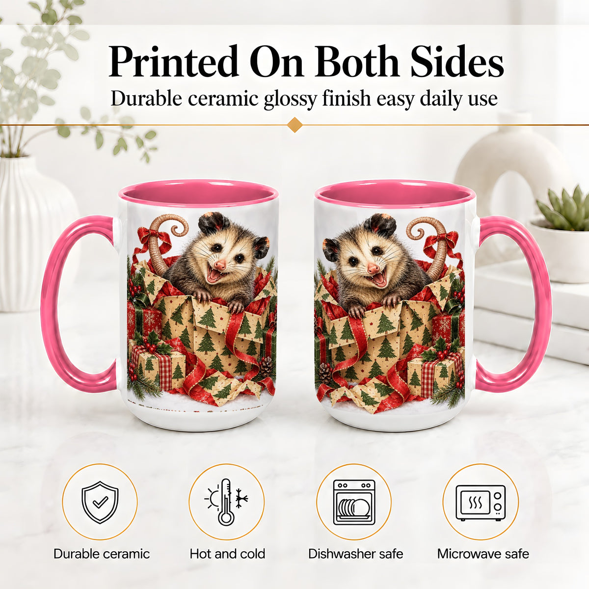 #pl[15oz|Pink] Christmas Opossum Ceramic Mug, Festive Gift Box Animal Artwork