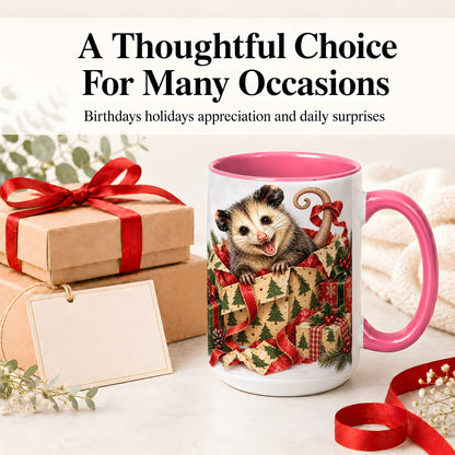 #pl[15oz|Pink] Christmas Opossum Ceramic Mug, Festive Gift Box Animal Artwork