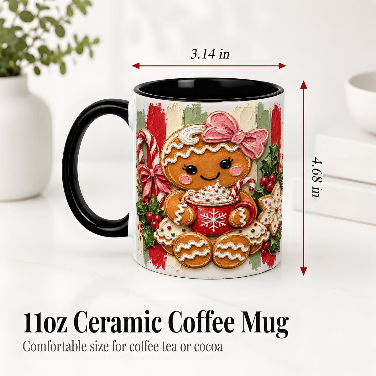 #pl[11oz|Black] Gingerbread Girl Ceramic Mug, Christmas Cocoa Holiday Artwork