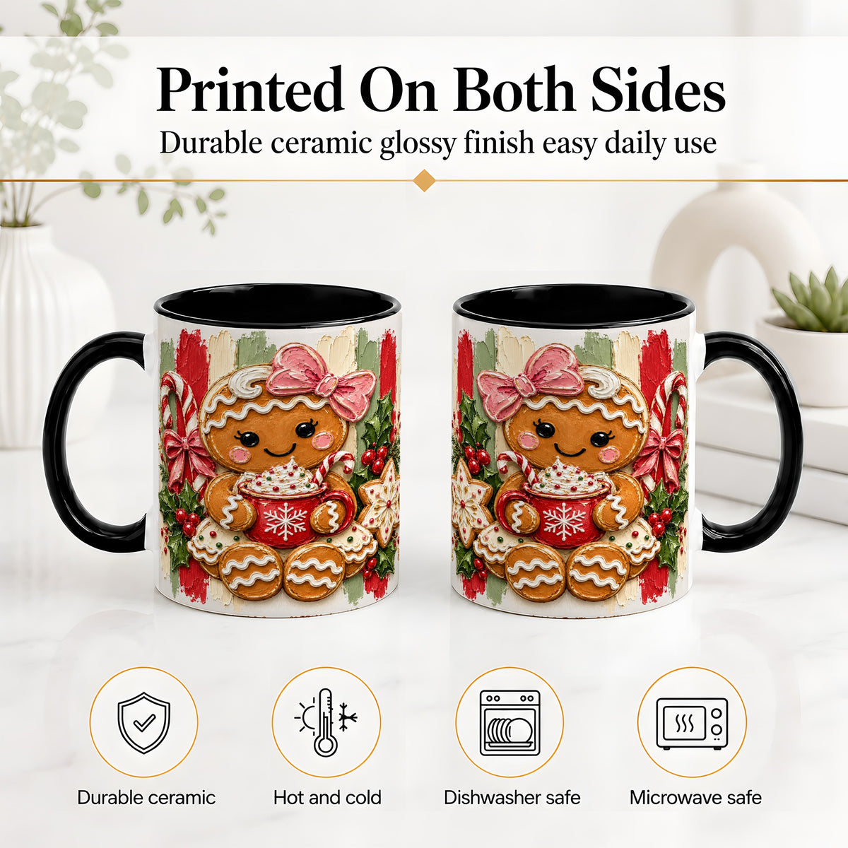 #pl[11oz|Black] Gingerbread Girl Ceramic Mug, Christmas Cocoa Holiday Artwork