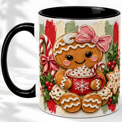 #pl[11oz|Black] Gingerbread Girl Ceramic Mug, Christmas Cocoa Holiday Artwork
