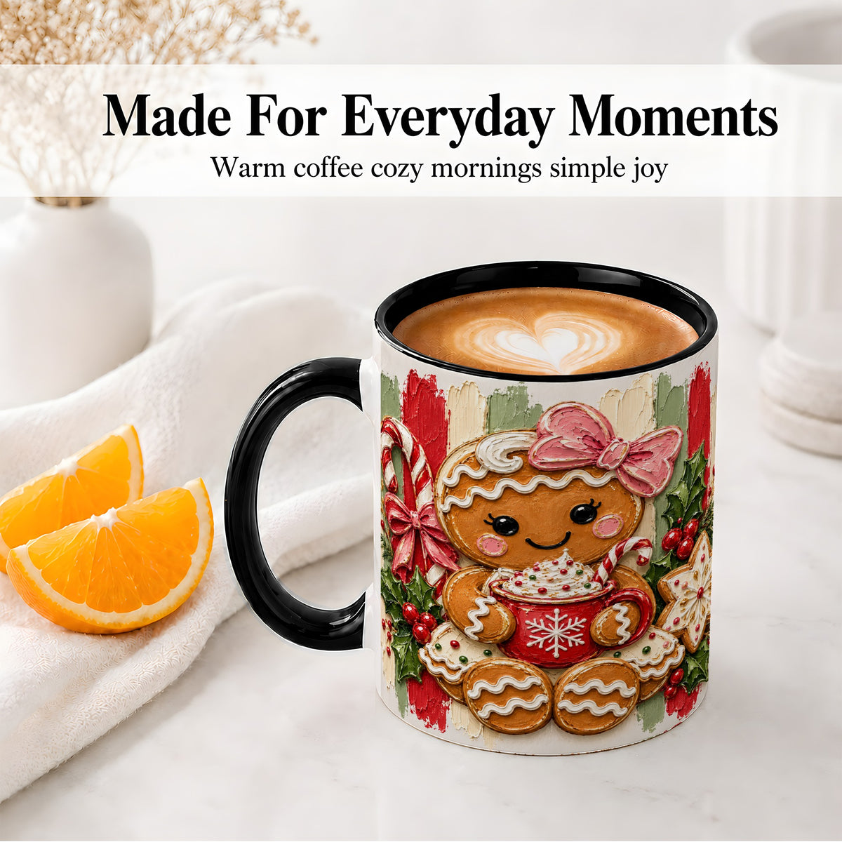 #pl[11oz|Black] Gingerbread Girl Ceramic Mug, Christmas Cocoa Holiday Artwork