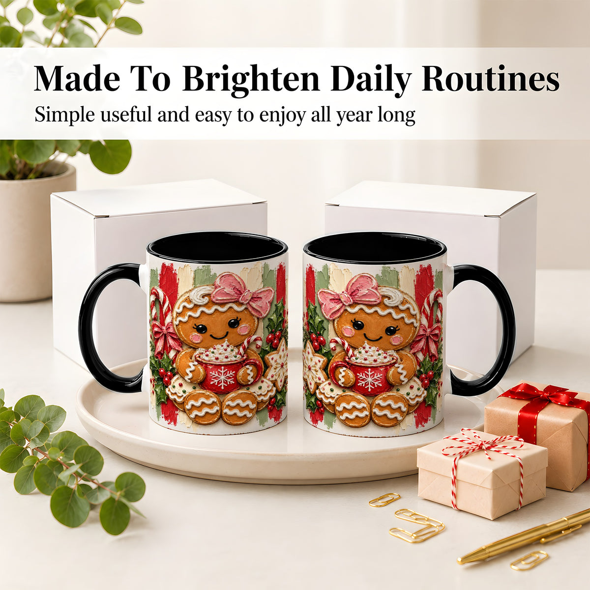 #pl[11oz|Black] Gingerbread Girl Ceramic Mug, Christmas Cocoa Holiday Artwork