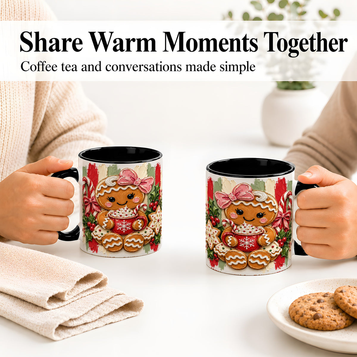 #pl[11oz|Black] Gingerbread Girl Ceramic Mug, Christmas Cocoa Holiday Artwork