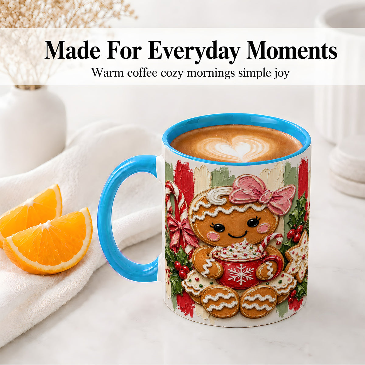 #pl[11oz|Blue] Gingerbread Girl Ceramic Mug, Christmas Cocoa Holiday Artwork