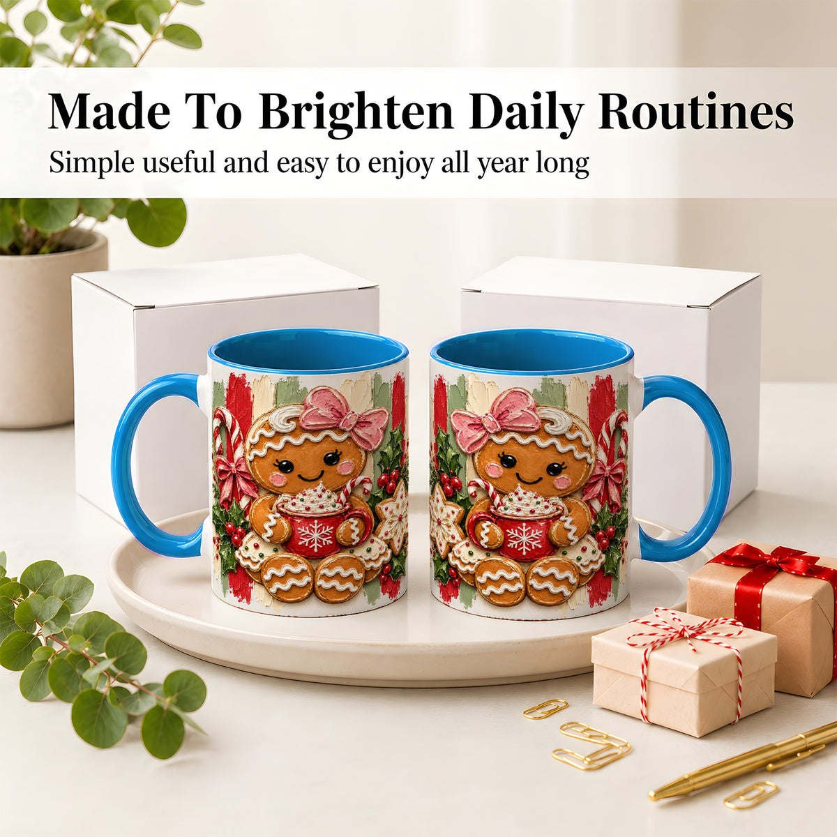 #pl[11oz|Blue] Gingerbread Girl Ceramic Mug, Christmas Cocoa Holiday Artwork