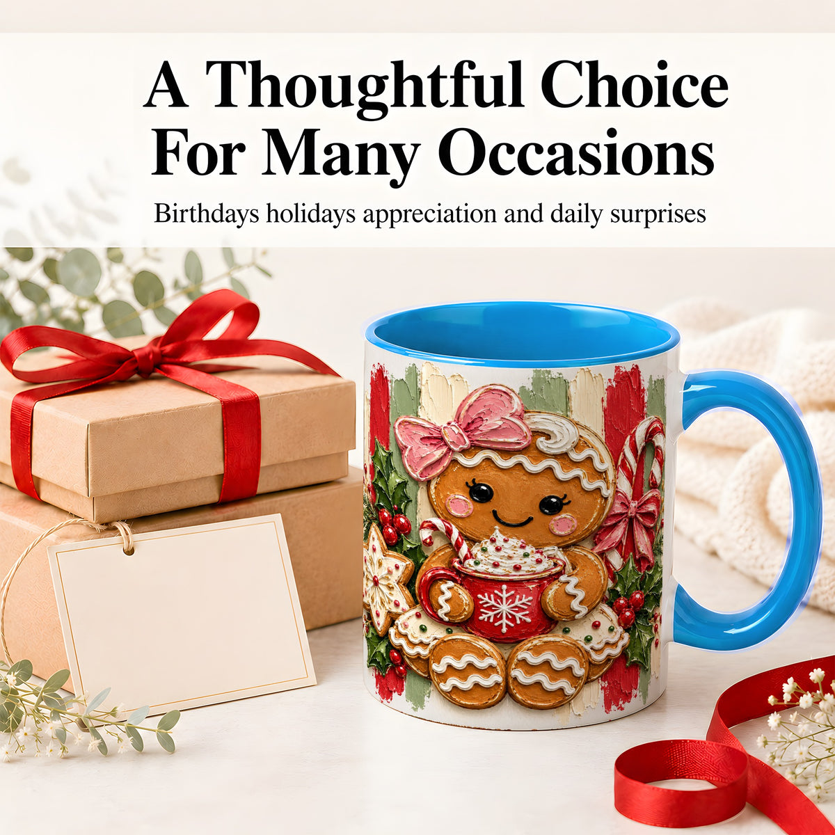 #pl[11oz|Blue] Gingerbread Girl Ceramic Mug, Christmas Cocoa Holiday Artwork