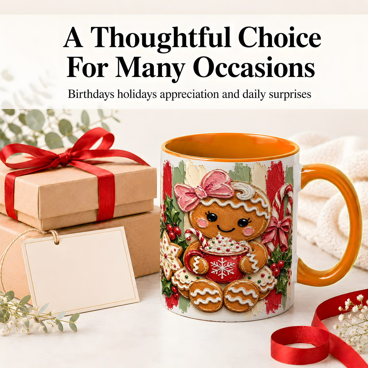 #pl[11oz|Orange] Gingerbread Girl Ceramic Mug, Christmas Cocoa Holiday Artwork