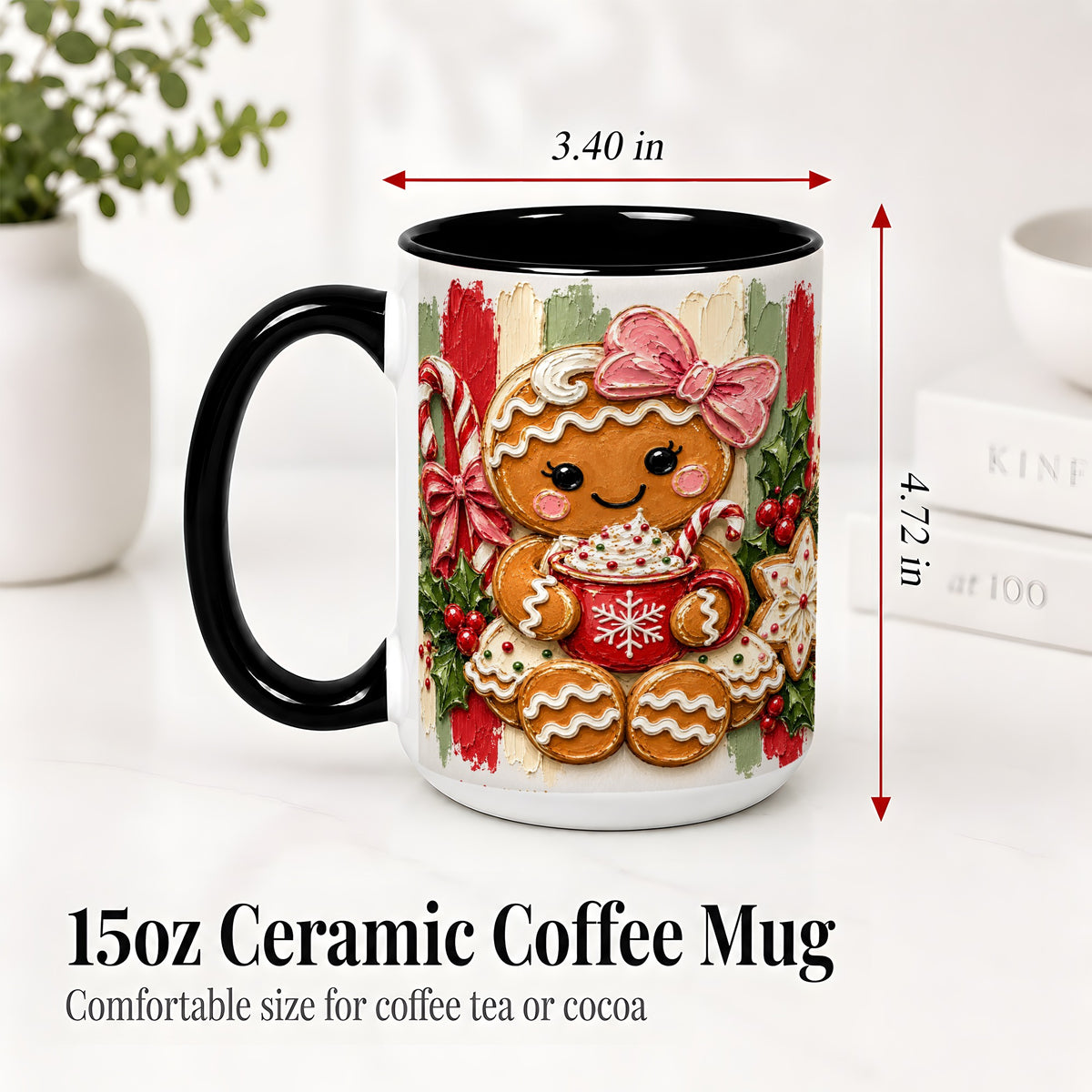 #pl[15oz|Black] Gingerbread Girl Ceramic Mug, Christmas Cocoa Holiday Artwork