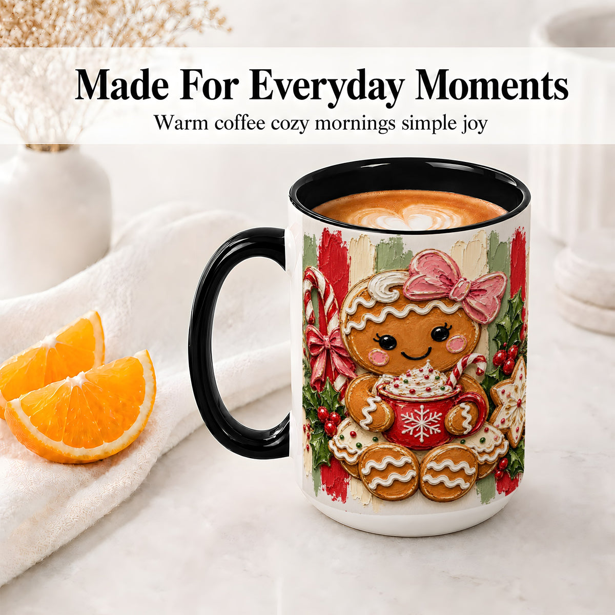 #pl[15oz|Black] Gingerbread Girl Ceramic Mug, Christmas Cocoa Holiday Artwork