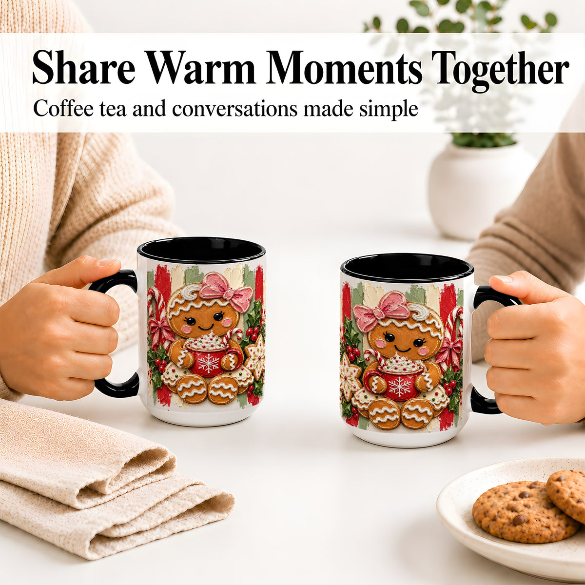 #pl[15oz|Black] Gingerbread Girl Ceramic Mug, Christmas Cocoa Holiday Artwork