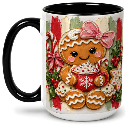 #pl[15oz|Black] Gingerbread Girl Ceramic Mug, Christmas Cocoa Holiday Artwork