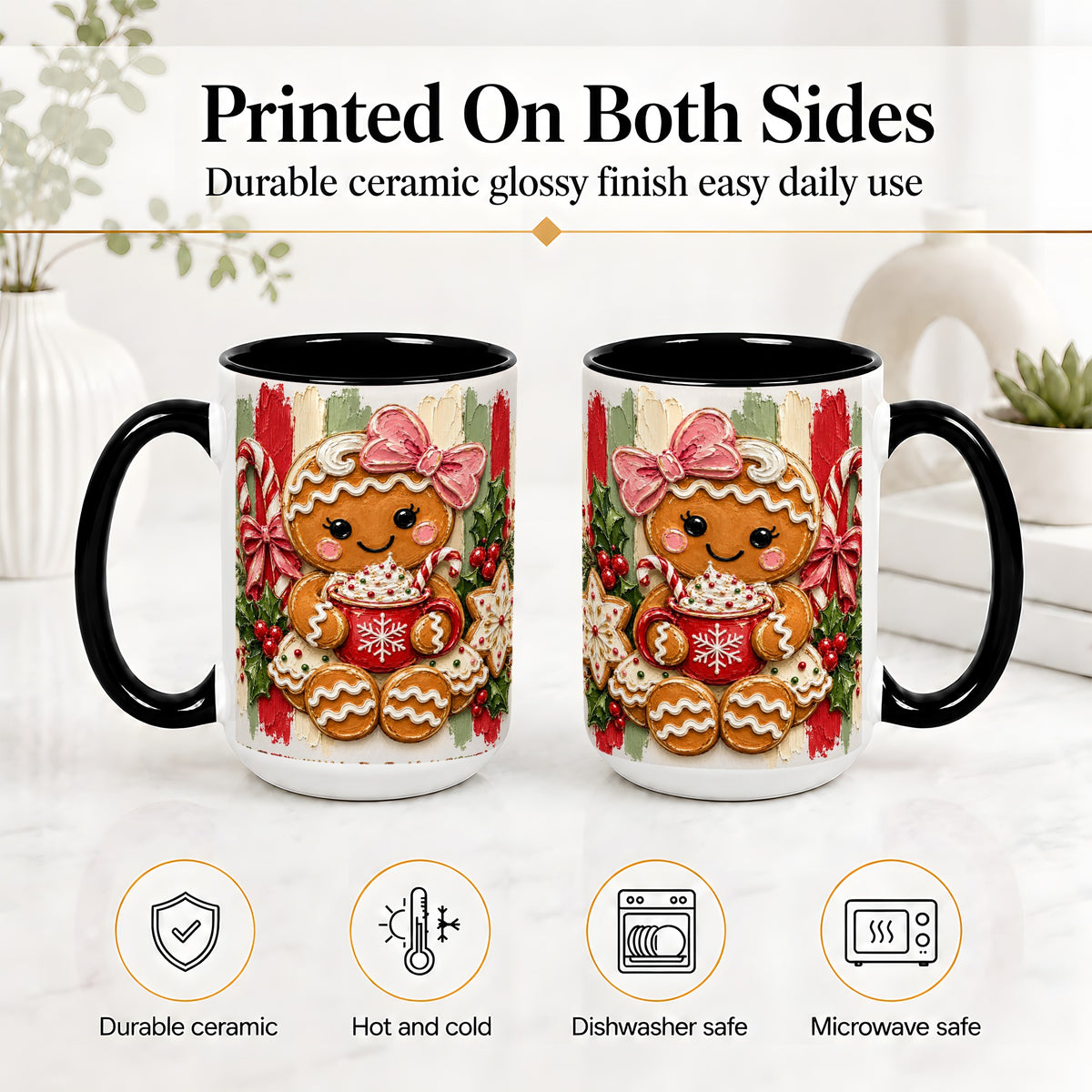 #pl[15oz|Black] Gingerbread Girl Ceramic Mug, Christmas Cocoa Holiday Artwork