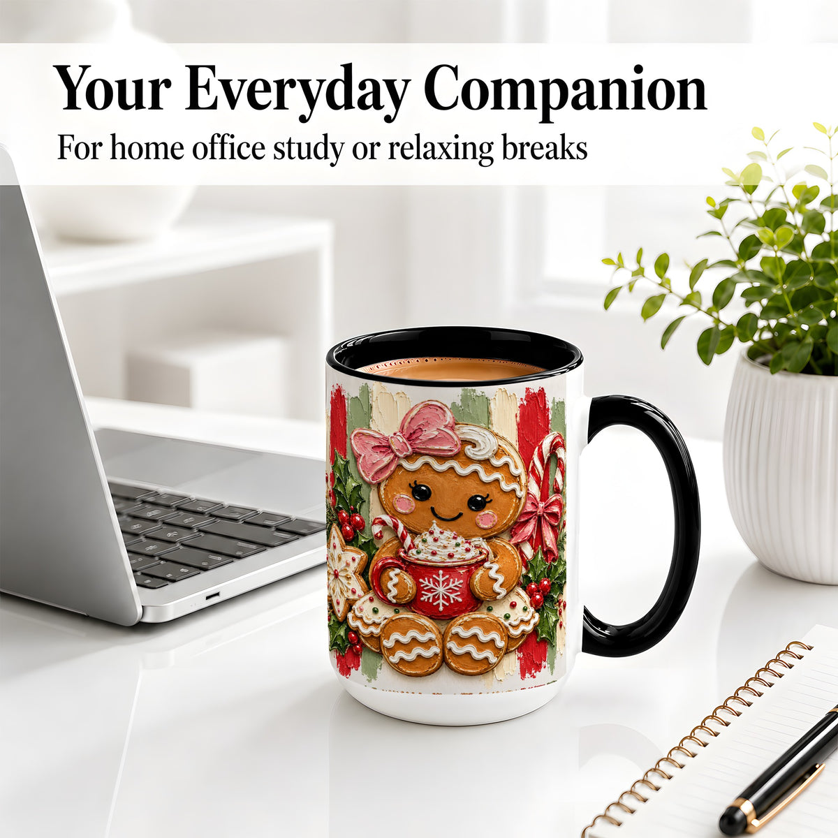 #pl[15oz|Black] Gingerbread Girl Ceramic Mug, Christmas Cocoa Holiday Artwork
