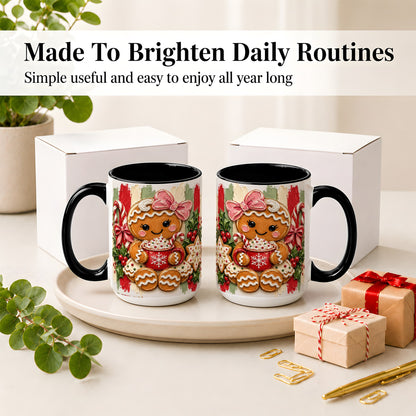 #pl[15oz|Black] Gingerbread Girl Ceramic Mug, Christmas Cocoa Holiday Artwork
