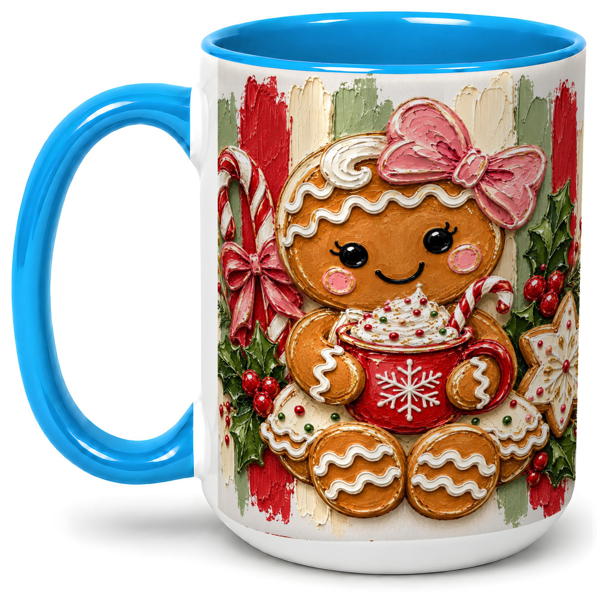 #pl[15oz|Blue] Gingerbread Girl Ceramic Mug, Christmas Cocoa Holiday Artwork