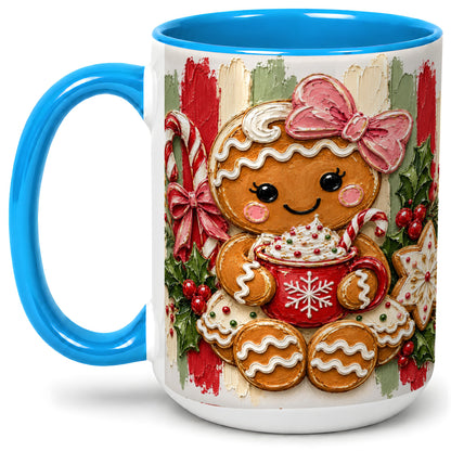 #pl[15oz|Blue] Gingerbread Girl Ceramic Mug, Christmas Cocoa Holiday Artwork
