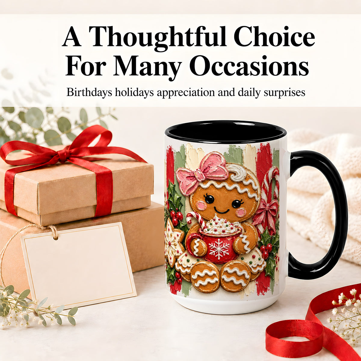 #pl[15oz|Black] Gingerbread Girl Ceramic Mug, Christmas Cocoa Holiday Artwork
