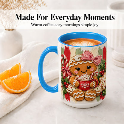 #pl[15oz|Blue] Gingerbread Girl Ceramic Mug, Christmas Cocoa Holiday Artwork