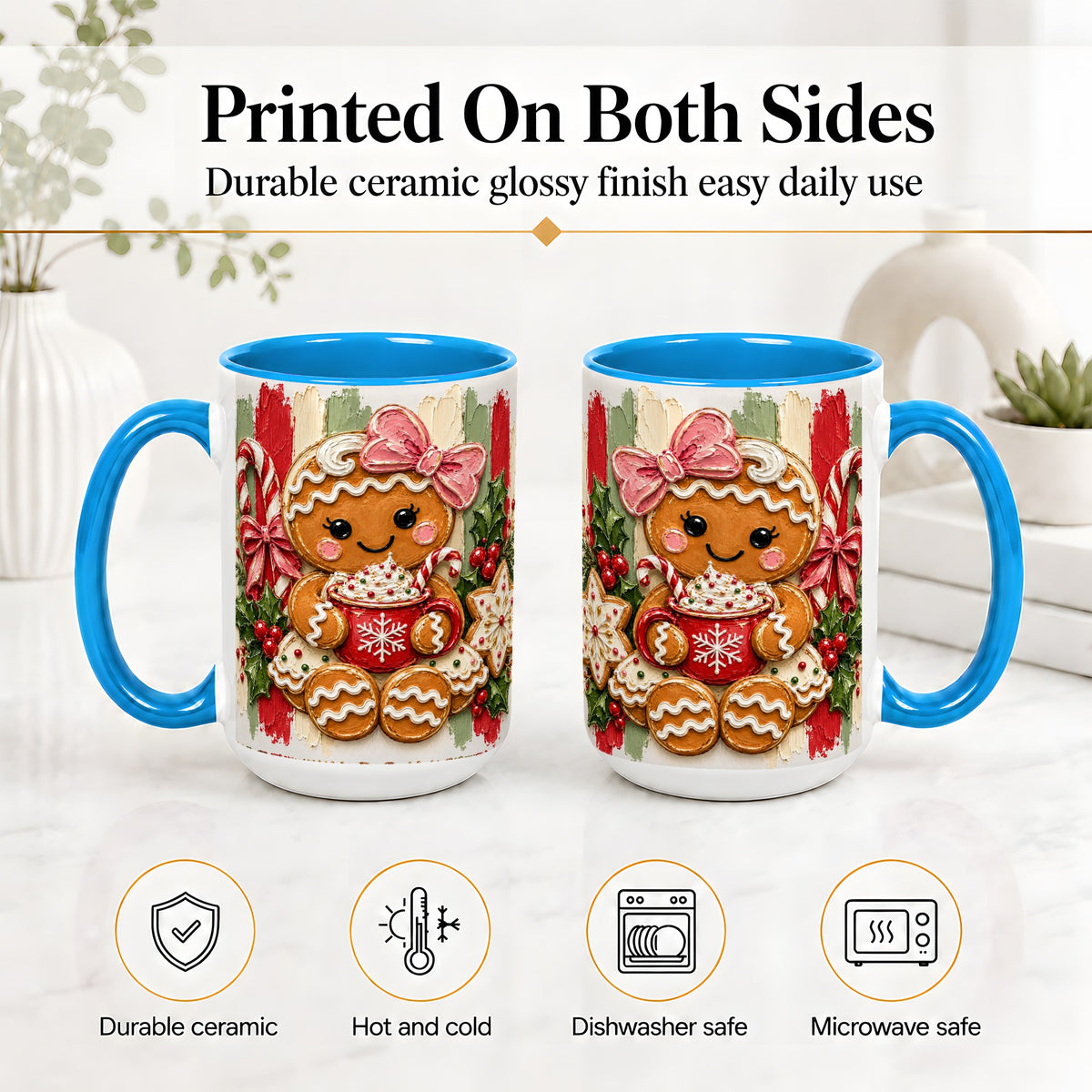 #pl[15oz|Blue] Gingerbread Girl Ceramic Mug, Christmas Cocoa Holiday Artwork