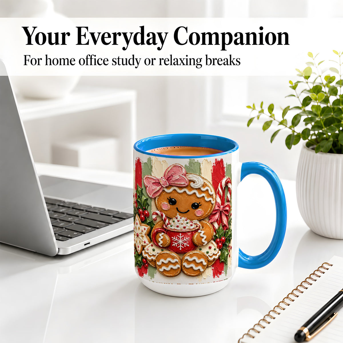 #pl[15oz|Blue] Gingerbread Girl Ceramic Mug, Christmas Cocoa Holiday Artwork