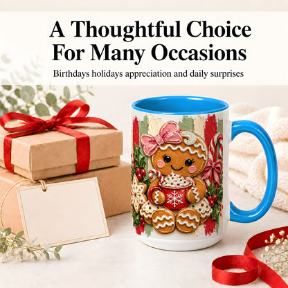 #pl[15oz|Blue] Gingerbread Girl Ceramic Mug, Christmas Cocoa Holiday Artwork