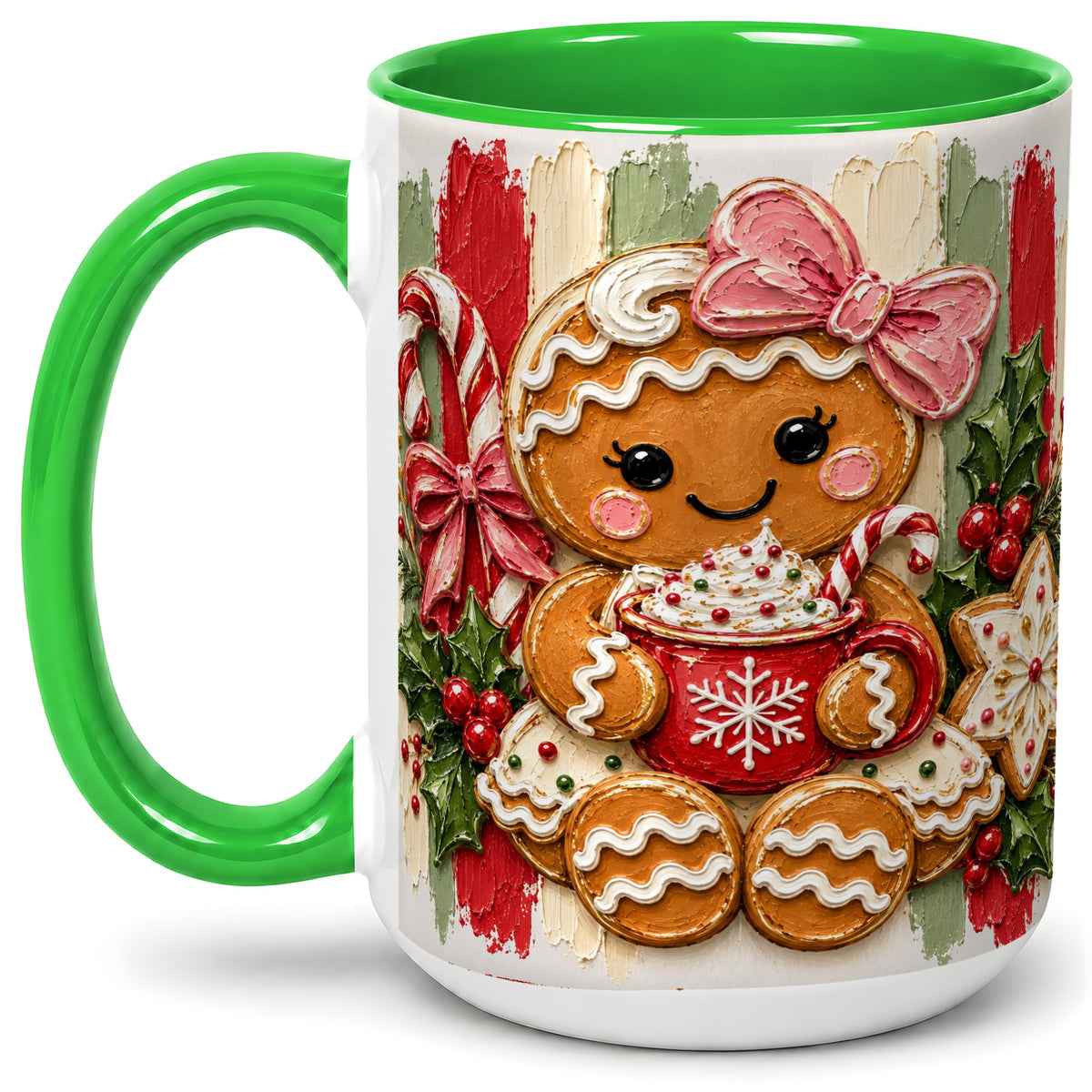 #pl[15oz|Green] Gingerbread Girl Ceramic Mug, Christmas Cocoa Holiday Artwork
