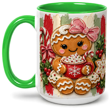 #pl[15oz|Green] Gingerbread Girl Ceramic Mug, Christmas Cocoa Holiday Artwork