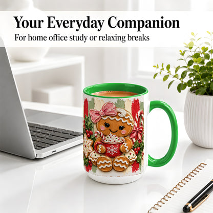 #pl[15oz|Green] Gingerbread Girl Ceramic Mug, Christmas Cocoa Holiday Artwork
