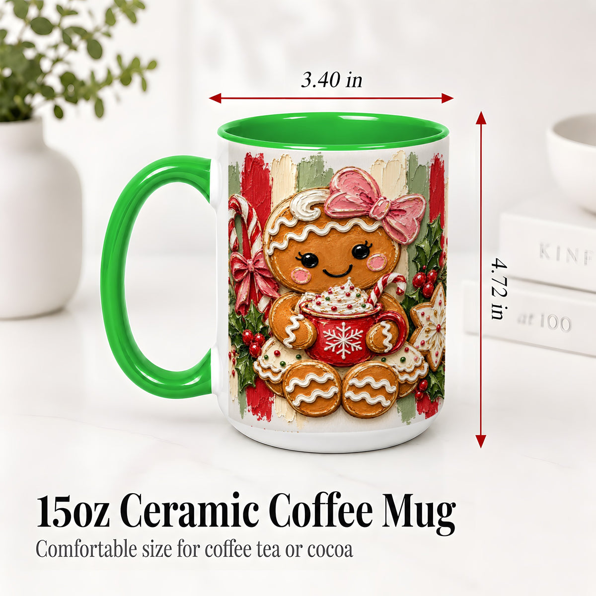 #pl[15oz|Green] Gingerbread Girl Ceramic Mug, Christmas Cocoa Holiday Artwork