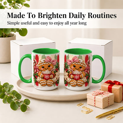#pl[15oz|Green] Gingerbread Girl Ceramic Mug, Christmas Cocoa Holiday Artwork