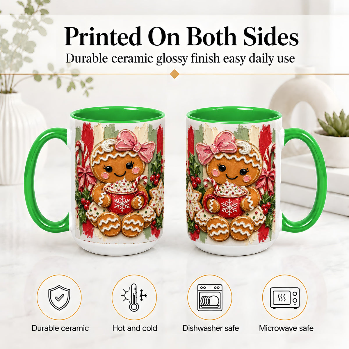 #pl[15oz|Green] Gingerbread Girl Ceramic Mug, Christmas Cocoa Holiday Artwork