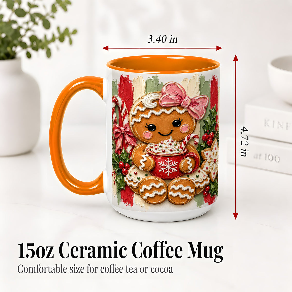 #pl[15oz|Orange] Gingerbread Girl Ceramic Mug, Christmas Cocoa Holiday Artwork
