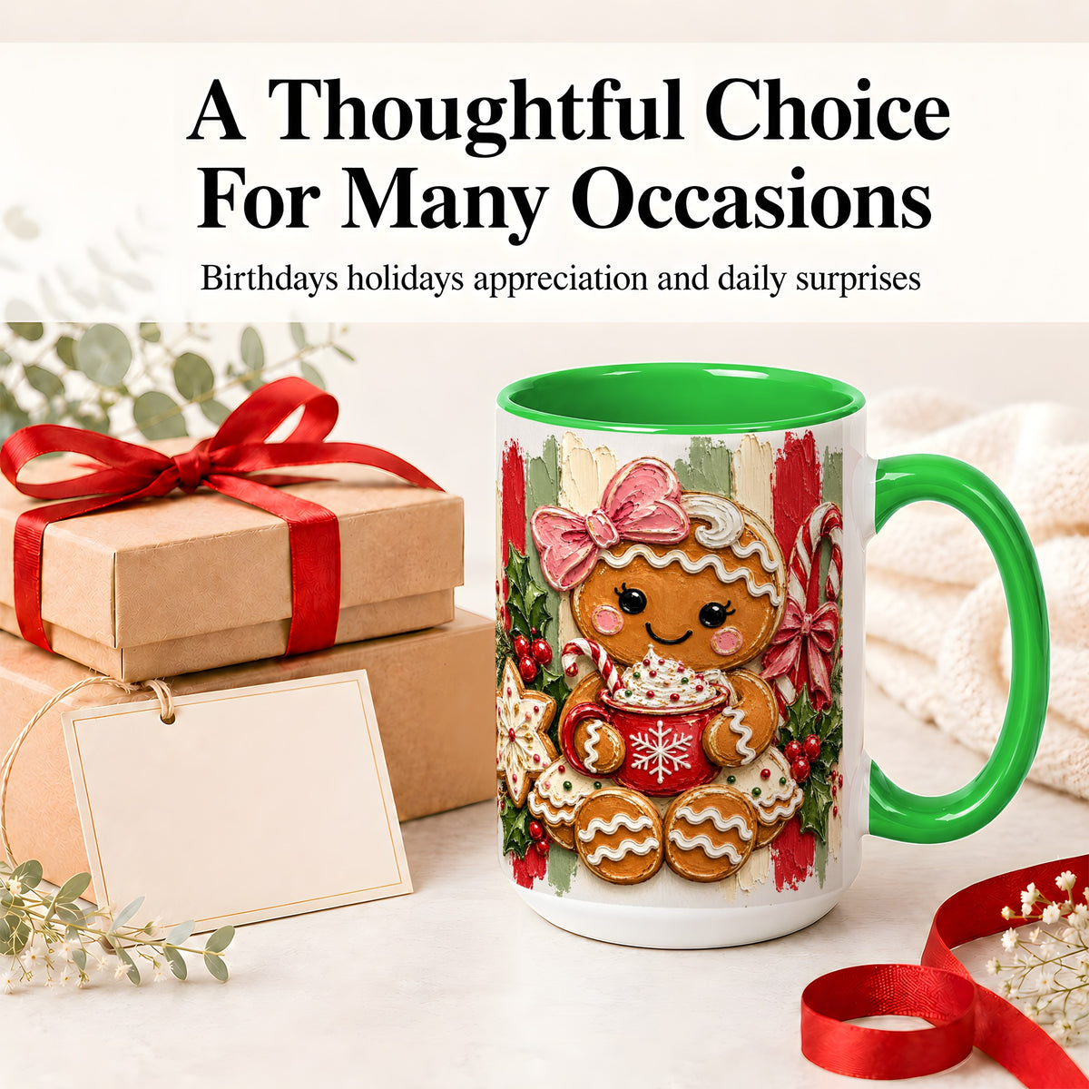 #pl[15oz|Green] Gingerbread Girl Ceramic Mug, Christmas Cocoa Holiday Artwork