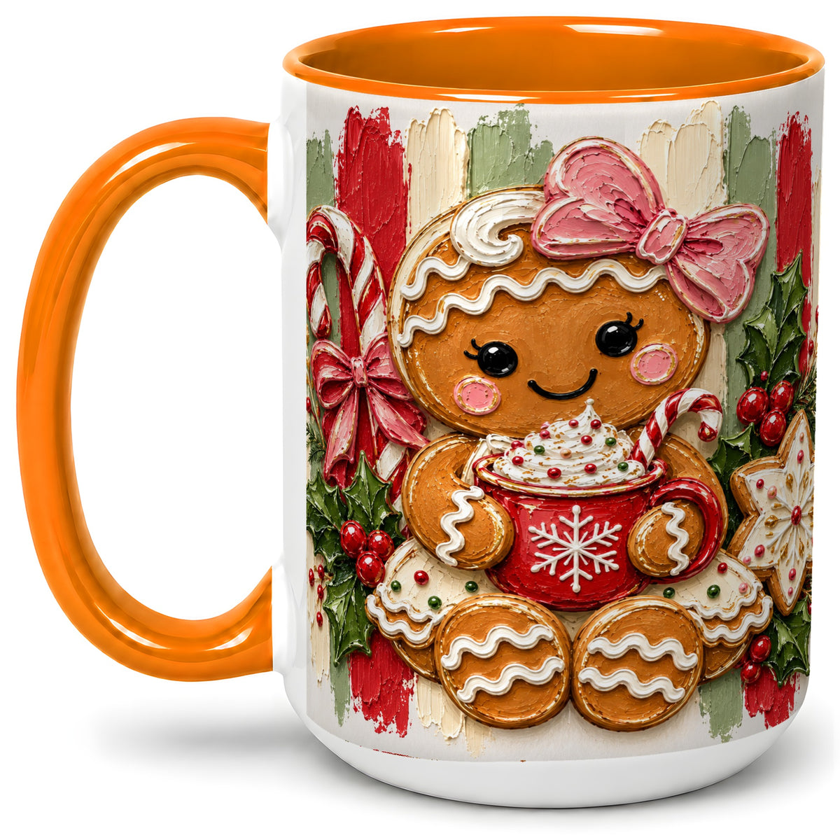 #pl[15oz|Orange] Gingerbread Girl Ceramic Mug, Christmas Cocoa Holiday Artwork