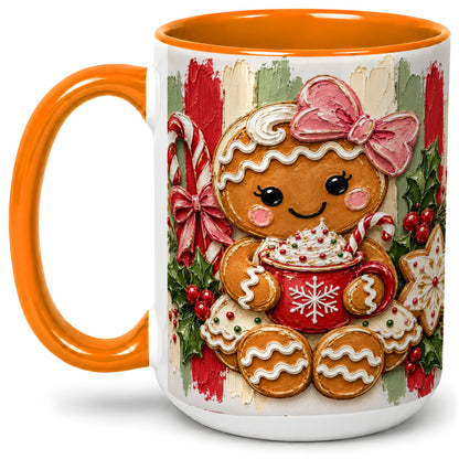 #pl[15oz|Orange] Gingerbread Girl Ceramic Mug, Christmas Cocoa Holiday Artwork