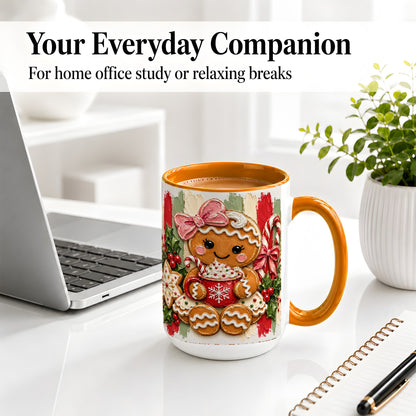 #pl[15oz|Orange] Gingerbread Girl Ceramic Mug, Christmas Cocoa Holiday Artwork